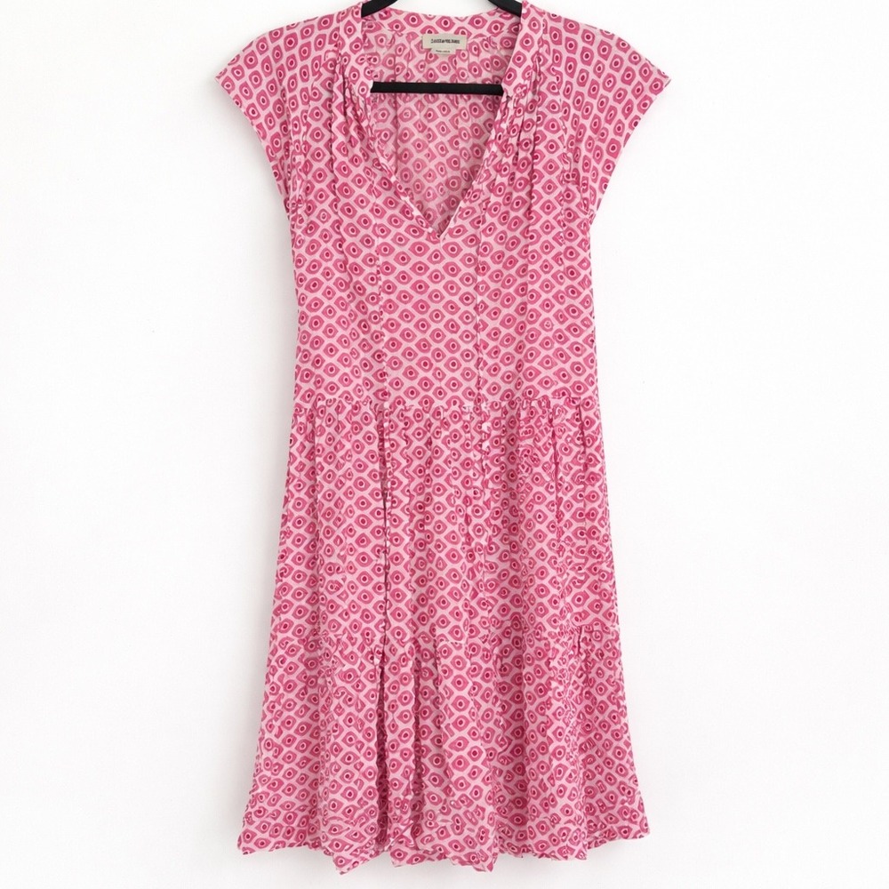 Zadig & Voltaire Rito Dress Women S Pink Geometric Eyes Tiered Boho Chic